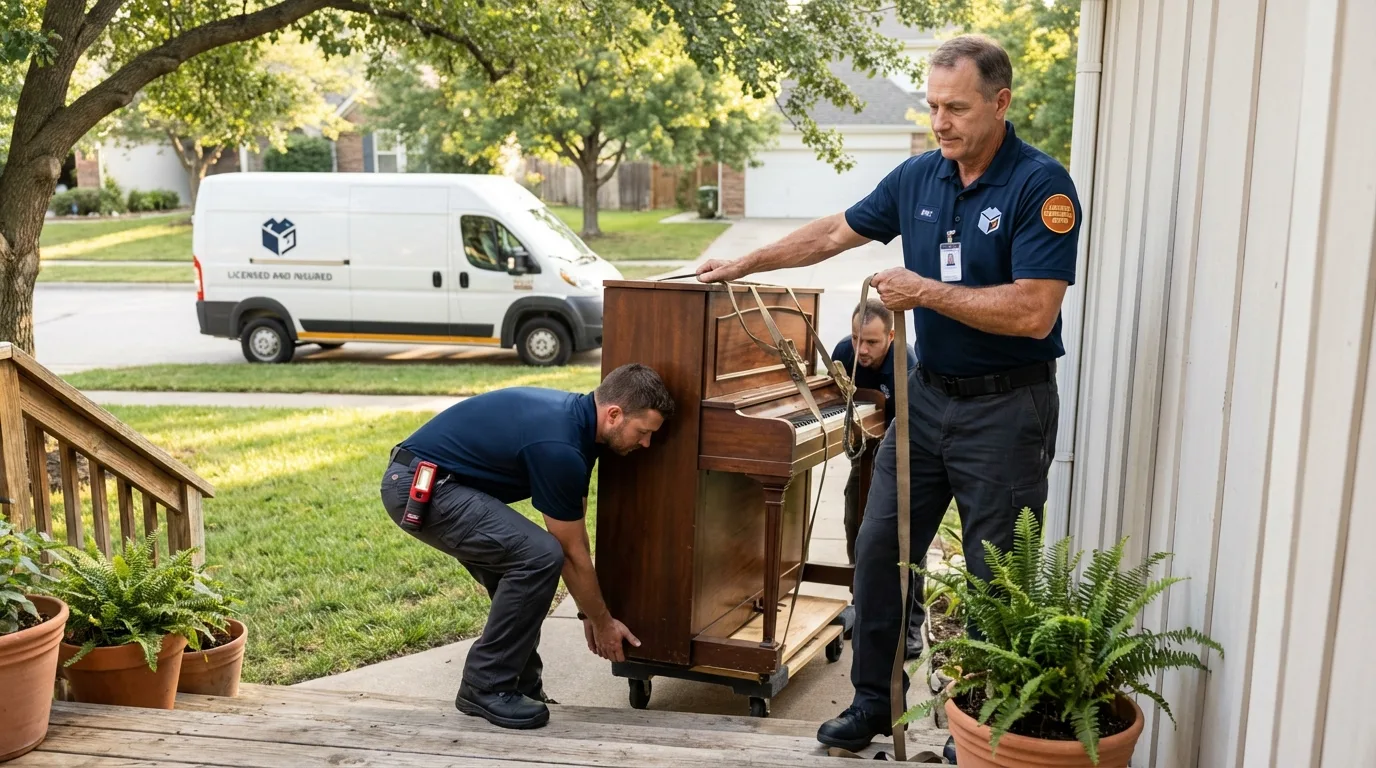 Licensed piano movers securing grand piano in Holden, MA