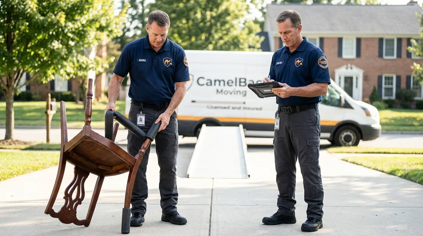 Movers inspecting furniture for damage prevention before loading in Holden, MA
