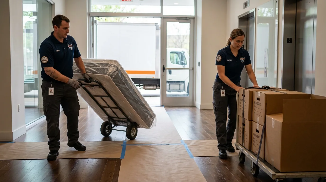 Professional apartment movers loading elevator in Holden, MA