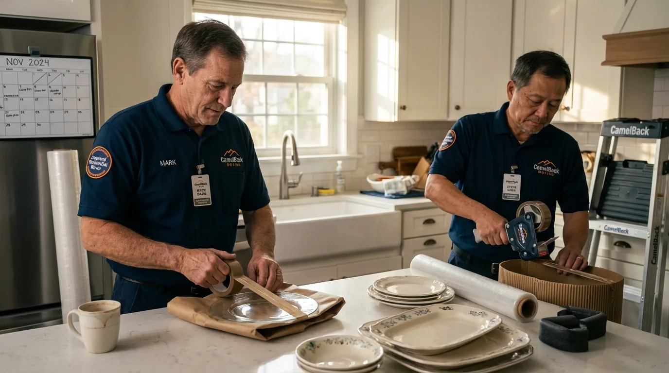 Professional crew packing kitchen dishware in Holden, MA